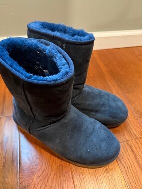 UGG Navy Suede Short Boots with Tan Heel Patch